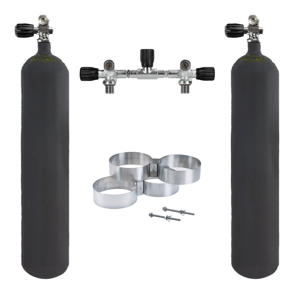 Faber LP50 mini doubles set: two Faber L50 steel cylinders, Dive Rite 200 bar isolation manifold and 5.5 inch tank bands