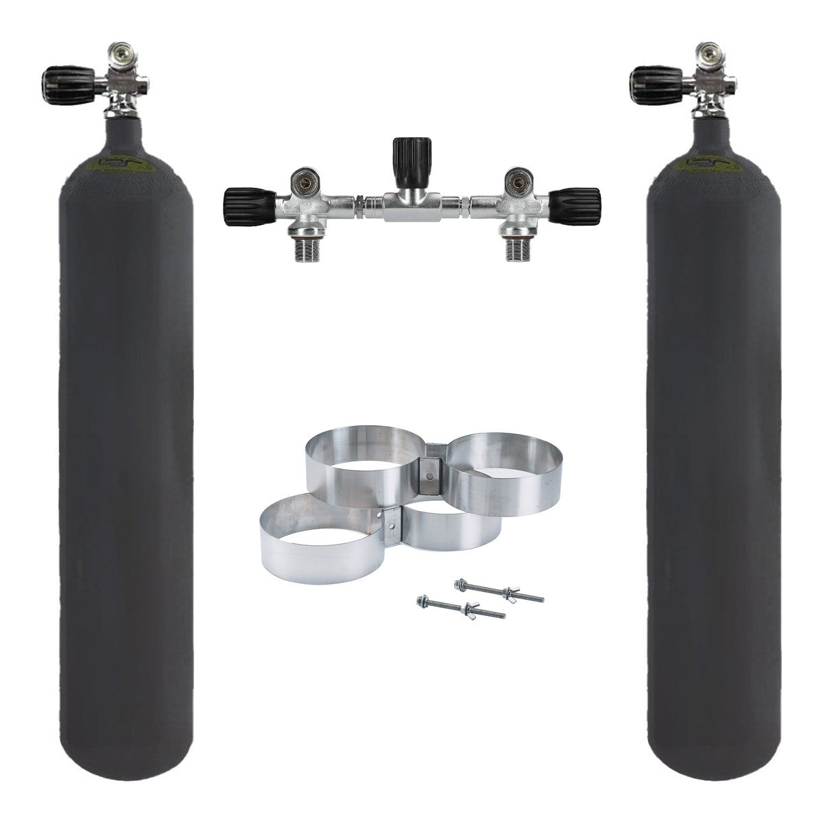 Faber LP50 mini doubles set: two Faber L50 steel cylinders, Dive Rite 200 bar isolation manifold and 5.5 inch tank bands